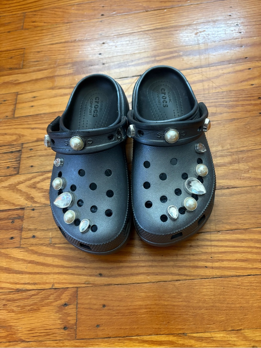 CROCS Kids Black Clog Sandals with Pearl & Teardrop Gems